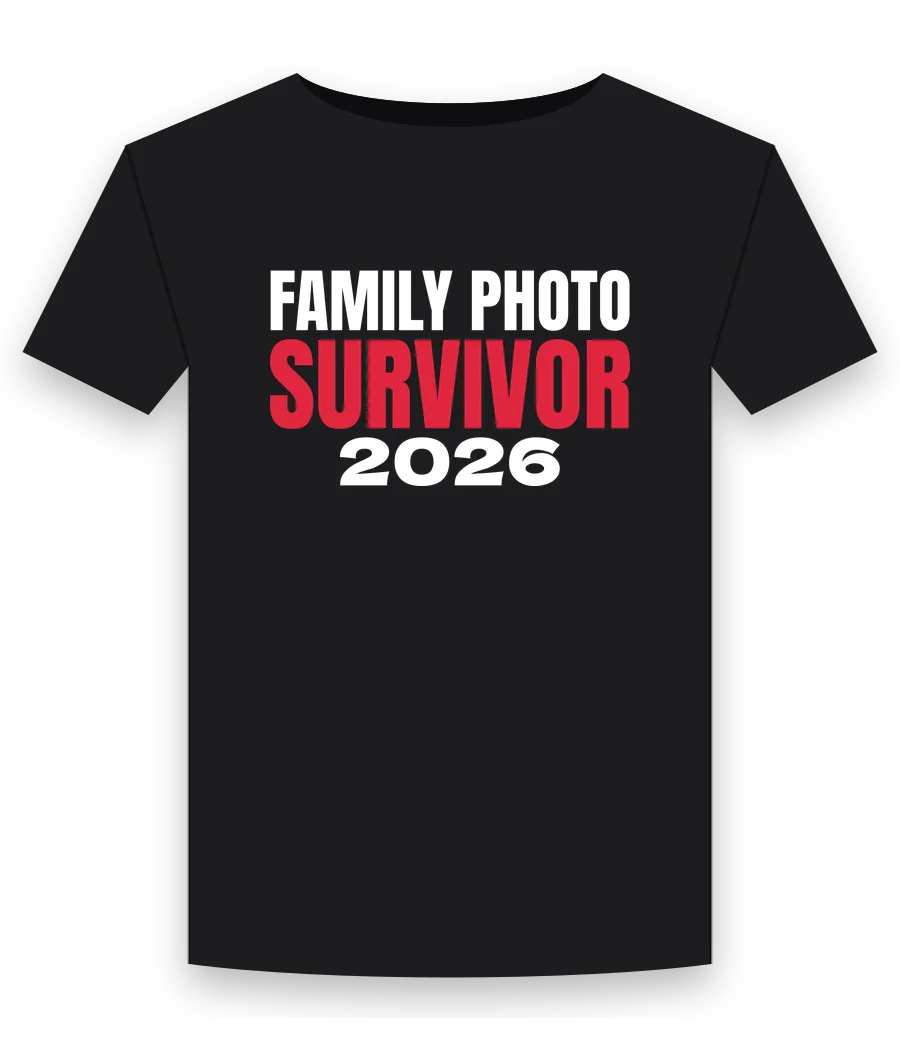 Family photo survivor 2026 on a black shirt